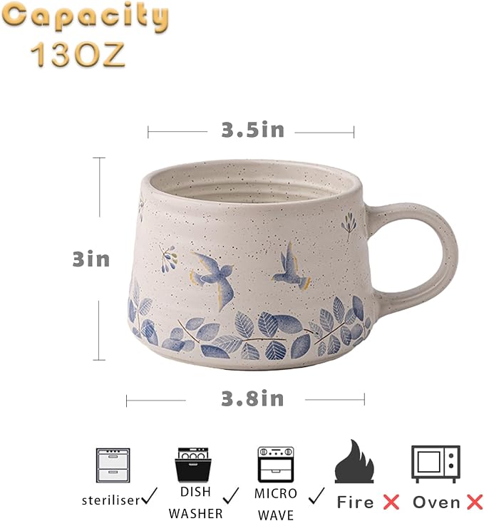 Ceramic Coffee Mug, 13oz Floral Design Pottery cute mugs, Ideal Gift for Women unique vintage pretty coffee mugs (Swallow Mug)