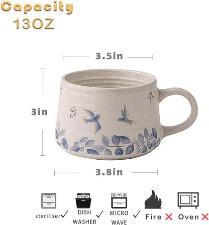 Ceramic Coffee Mug, 13oz Floral Design Pottery cute mugs, Ideal Gift for Women unique vintage pretty coffee mugs (Swallow Mug)
