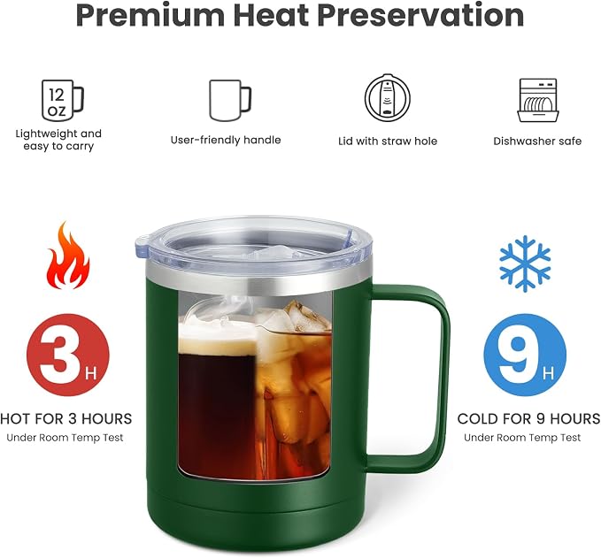 MEWAY 12oz Coffee Mug With Handle and Sliding Lid,Stainless Steel Travel Tumbler Cup with Handle,Double Wall Vacuum Insulated Camping Cup for Hot & Cold Drinks Tea (Forest Green,Set of 1)