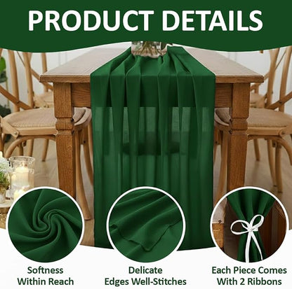 MDS Pack of 10 | Hunter Green | 10ft Chiffon Table Runner 29x120 Inches Long Romantic Rustic Sheer Gauze Runner for Wedding Bridal Shower Birthday Banquets Engagement Spring Easter Boho Decorations