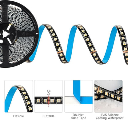 BTF-LIGHTING RGBCCT 5 Colors in 1 LED Tape Lights 5050SMD RGBWW RGB+Dimmable Color Temperature 2700K-6500K 16.4ft 96LED/m 480LED IP65 DC12V Black PCB for Home Decoration(No Adapter or Controller)