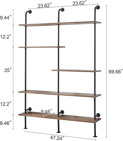 HOMISSUE Industrial Bookshelf 5-Tier Open Wall Mount Ladder Bookshelf, Modern Bookcase with Metal Frame and Wood Style for Home Office, Wall Mounted industrial Iron Pipe Shelf, Oak Brown
