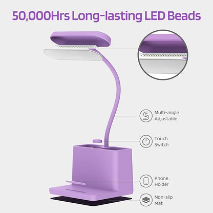 AXX Purple Desk Lamp, Study Lamp/Desktop Lamps for Small Spaces - Small, Battery Operated, Rechargeable, Cute, Gooseneck, Mini, Cordless - College Dorm Room/Home Office Desk Accessories