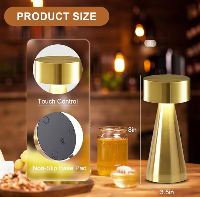 Portable Metal Desk Lamp, Cordless LED Table Lamp,3 Color Touch Control Rechargeable Lamp,3-Levels Brightness Room Decor Desk Lamp,Bedside Lamp,Night Light, Dining Room Lamp (Gold)