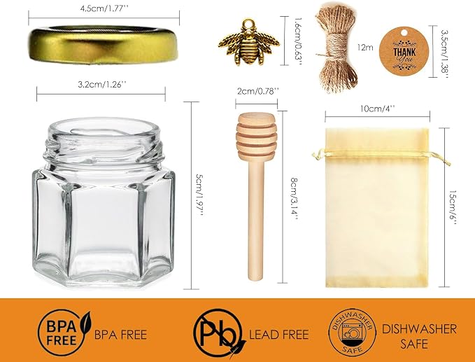 Adabocute Mini Honey Jars - Hexagon Little Glass Honey Jar with Gold Lids, Wooden Dippers, Bee Charms and Jutes - Small Honey Jars for Baby Showers, 20Pack
