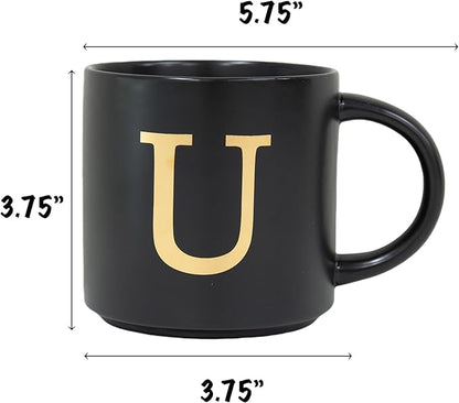 COLLECTIVE HOME - Monogram Ceramic Mugs, 15 oz Golden Initial Black Coffee Cups, Elegant Alphabet Tea Mugs, Elegant Personalized Mug with Gift Box, Unique Mug with Double Side Capital Lette (U)