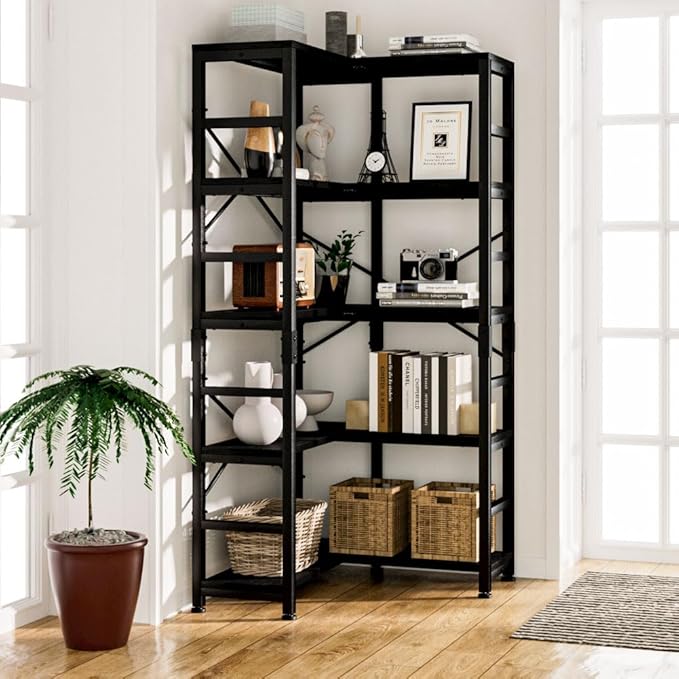 NUMENN 5 Tier Corner Bookshelf, Modern Corner Bookcase, Large Open Shelf Bookcase, Tall Bookshelves Storage Display Rack for Bedroom, Living Room and Home Office, Black
