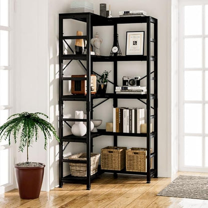 NUMENN 5 Tier Corner Bookshelf, Modern Corner Bookcase, Large Open Shelf Bookcase, Tall Bookshelves Storage Display Rack for Bedroom, Living Room and Home Office, Black