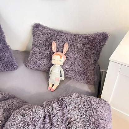 Faux Fur Kid Girls Purple Comforter Sets Queen - 3PC Bed Set Warm Comfortable Soft Plush Flannel Velvet Fluffy Fuzzy Bedding（Comforter x 1 Pillowcases x 2）