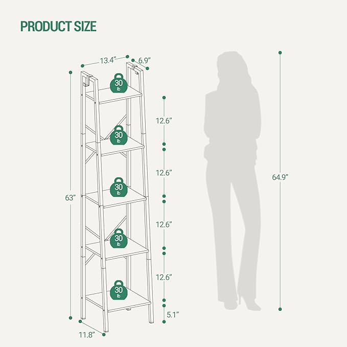 Ladder Shelf, Bookshelf Bookcase, Freestanding Corner Storage Shelve with 2 Hooks for Home Office, Living Room, Kitchen, Bedroom, Industrial, 5-Tier White Gold BC03213G
