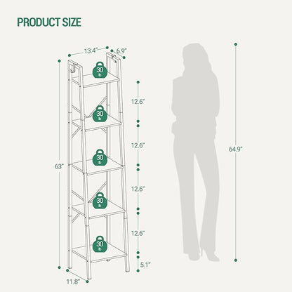 Ladder Shelf, Bookshelf Bookcase, Freestanding Corner Storage Shelve with 2 Hooks for Home Office, Living Room, Kitchen, Bedroom, Industrial, 5-Tier White Gold BC03213G