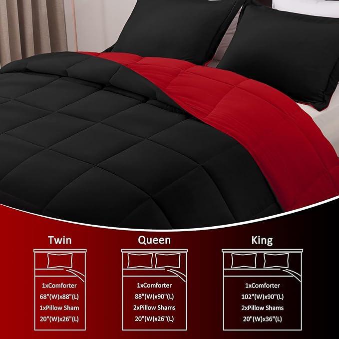 Basic Beyond King Size Comforter Set - Fluffy King Bed Comforter Set for All Seasons - Reversible Red Comforter Set King - 3 Pieces (1 Comforter + 2 Pillow Shams) - Red/Black