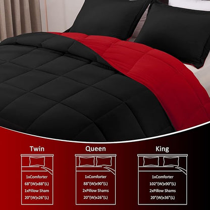 Basic Beyond King Size Comforter Set - Fluffy King Bed Comforter Set for All Seasons - Reversible Red Comforter Set King - 3 Pieces (1 Comforter + 2 Pillow Shams) - Red/Black