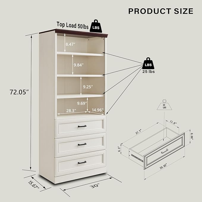 72" Tall Bookshlef with 3 Drawers, Farmhouse 4-Tier Bookcase with Adjustable Shlef, Wooden Storage Cabinet for Living Room, Kitchen, Home Office, Dining Room, White