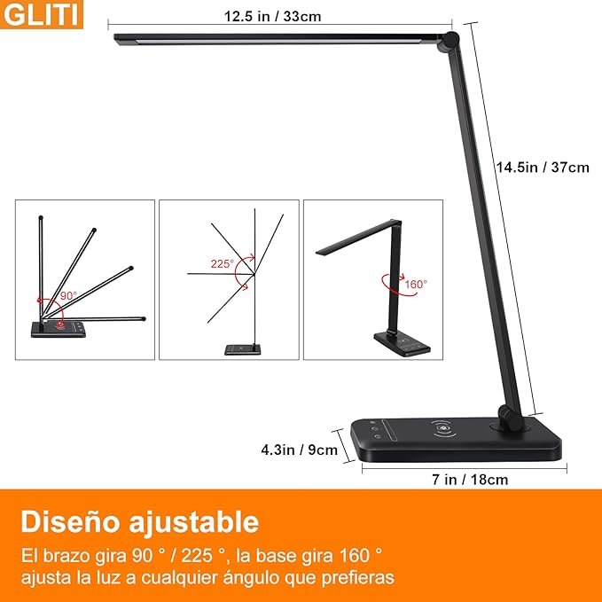 LED Desk Lamp with Wireless charging，Dimmable Desk Light, 5 Light Colors, 6 Brightness Levels, Touch Control Table Lamp with USB Rechargeable, Auto Timer, for College Dorm, Home, Office