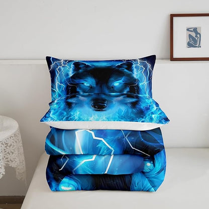 Feelyou Wolf Bedding Set Safari Animal Pattern Comforter Cool Wildlife Style Comforter Set for Boys Girls Kids Room Decor Glitter Blue Wild Wolf Lightweight Duvet Set King Size with 2 Pillow Case