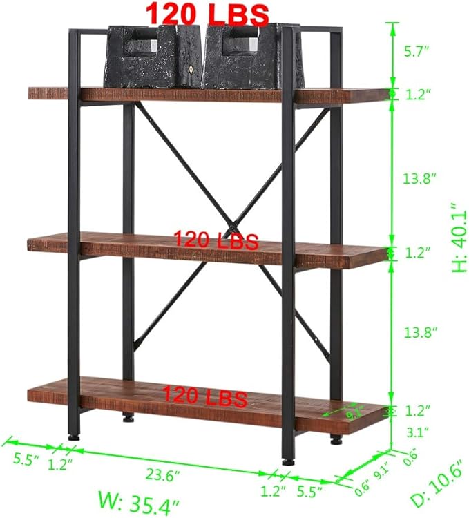 HSH Natural Real Wood Bookshelf, 3 Tier Rustic Vintage Industrial Etagere Bookcase, Open Metal Farmhouse Solid Wooden Book Shelf, Distressed Brown