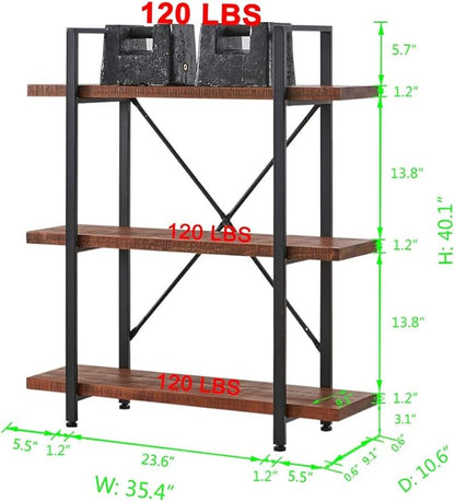 HSH Natural Real Wood Bookshelf, 3 Tier Rustic Vintage Industrial Etagere Bookcase, Open Metal Farmhouse Solid Wooden Book Shelf, Distressed Brown