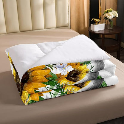 Highland Cow Comforter Set Twin Sunflowers Art Down Comforter Rustic Bull Cattle Bedding Set For Kids Boys Girls Adult Farmhouse Western Funny Animal Wild Theme Duvet Set Grey Marble Comforter