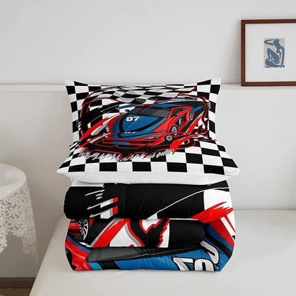 Red Race Car Bedding Set King Size Cool Racing Car Comforter Set Competition Extreme Sports Game Down Comforter for Kids Boys Girls Teens Bedroom Decor Plaid Pattern Duvet Insert with 2 Pillowcases