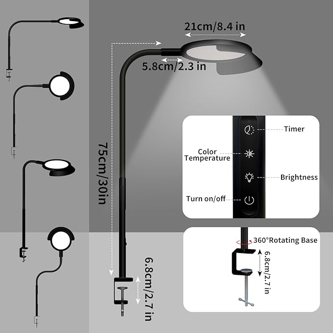 QINER LED Desk Lamp, Eye Protection Desk Light with Sunshade Touch Control Table Lamp Gooseneck Task Lamp 25 Lighting Effect Modes Clamp Lamp for Office Workbench Drafting Live Streaming