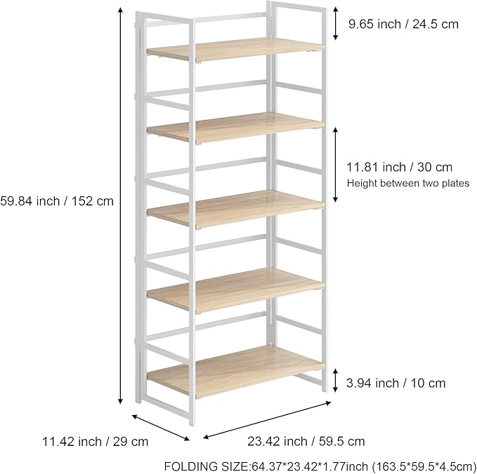 No-Assembly Folding Bookshelf Storage Shelves 5 Tiers Vintage Multifunctional Plant Flower Stand Storage Rack Shelves Bookcase for Home Office (White)