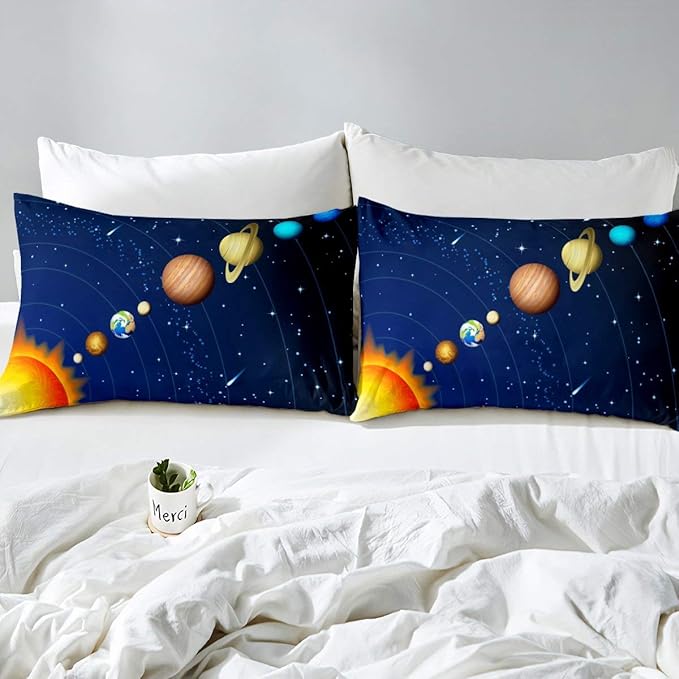 Erosebridal Boys Outer Space Bedding Set, Kids Galaxy Nebula Comforter Set Queen Size, Starry Sky Cosmos Down Comforter for Children Girls, Solar System Starry Landscape Quilted Duvet, Blue Purple