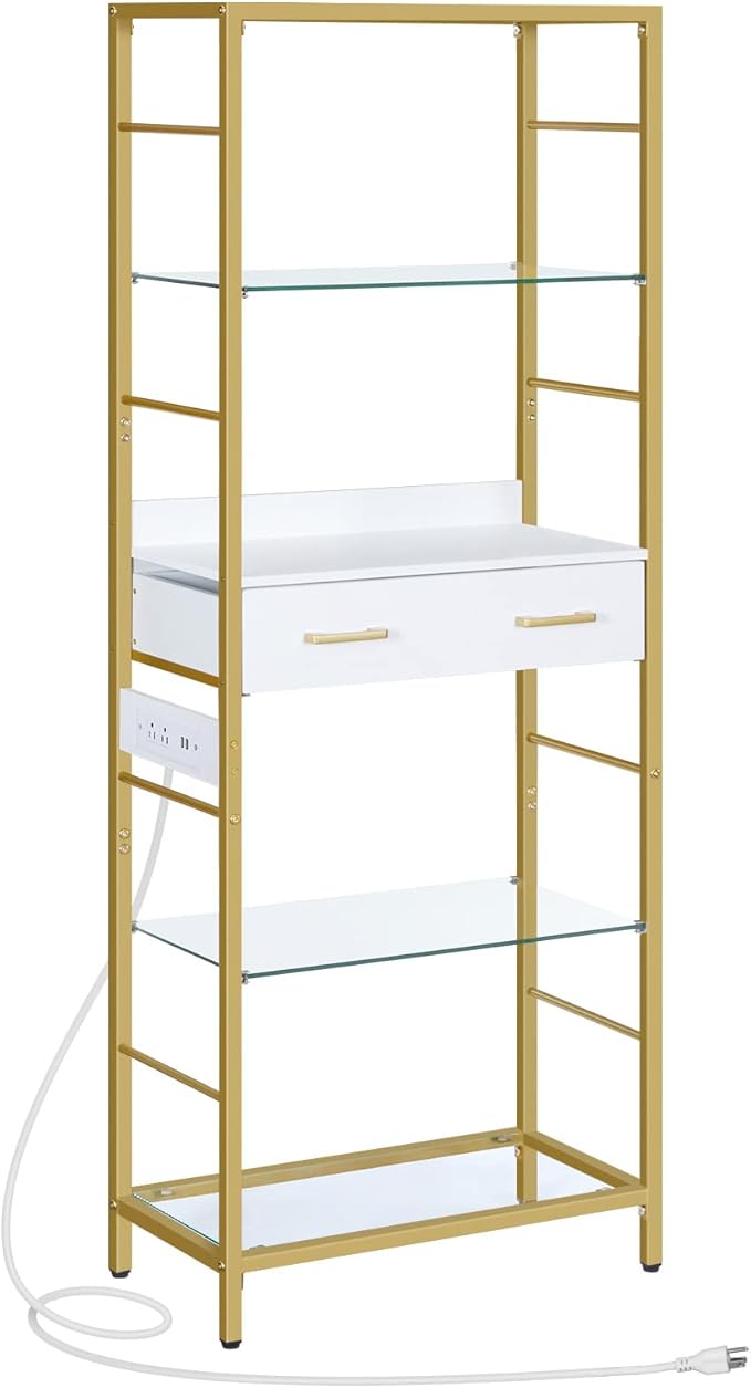 HOOBRO 5 Tier Bookcase, White and Gold Bookshelf with Drawer, Storage Shelves with Charging Station, Tempered Glass Bookshelf with Metal Frame, Open Display Shelves for Living Room, Gold DW65USJ01