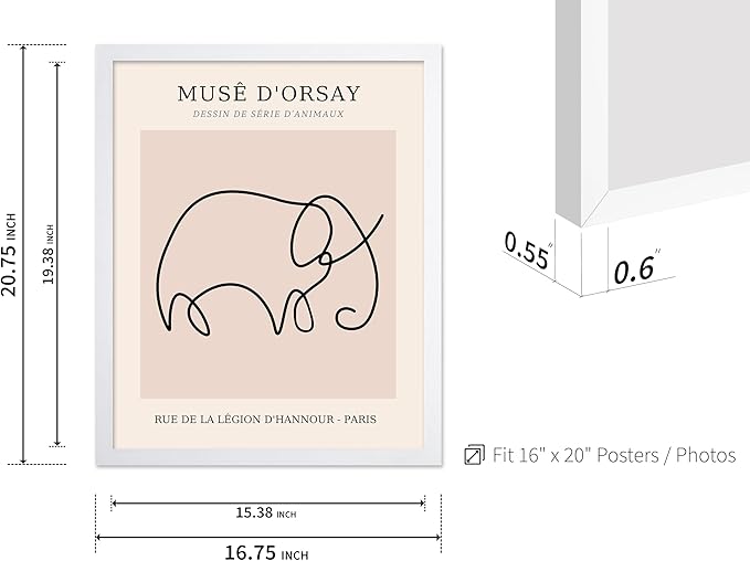 Poster Master Vintage Poster - Retro One Line Elephant Drawing Print - Elephant Art - Minimal Gift for Men, Women, Animal Lover - Abstract Wall Decor for Home, Office, 16x20 White Framed