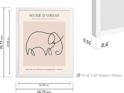 Poster Master Vintage Poster - Retro One Line Elephant Drawing Print - Elephant Art - Minimal Gift for Men, Women, Animal Lover - Abstract Wall Decor for Home, Office, 16x20 White Framed