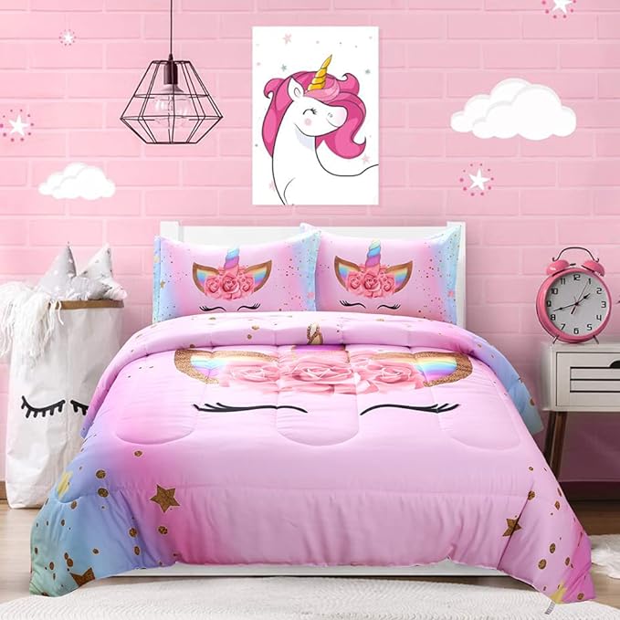 Unicorn Comforter Set Rainbow Soft Girls Unicorn Bedding with 1 Comforter 2 Pillowcases Pink Flower Unicorn Bedding Sets for Teens Girls Queen Size