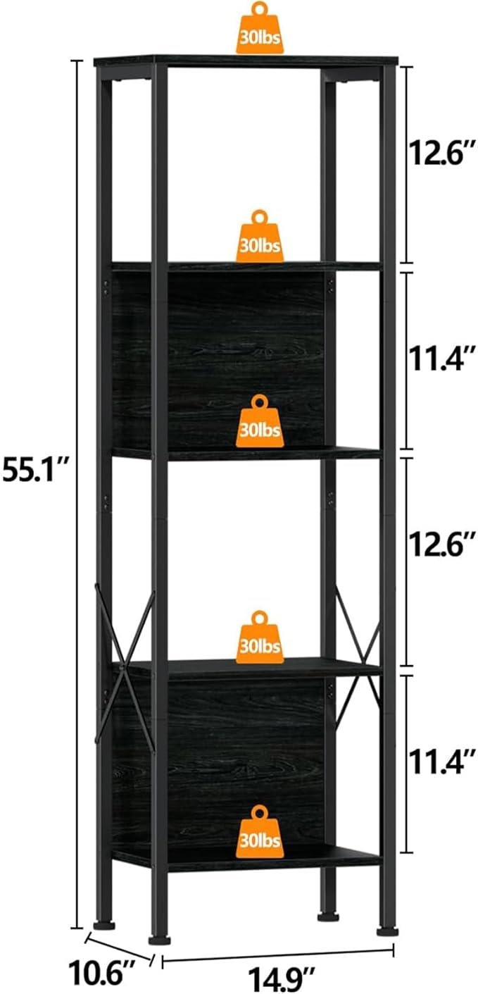 Furologee 5 Tier Tall Bookshelf with Back, Industrial Narrow Bookcase, Display Standing Shelf Units, Metal and Wood Storage Corner Shelves Organizer for Bedroom, Living Room, Entryway, Kitchen, Black