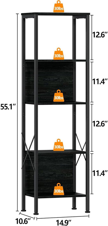 Furologee 5 Tier Tall Bookshelf with Back, Industrial Narrow Bookcase, Display Standing Shelf Units, Metal and Wood Storage Corner Shelves Organizer for Bedroom, Living Room, Entryway, Kitchen, Black