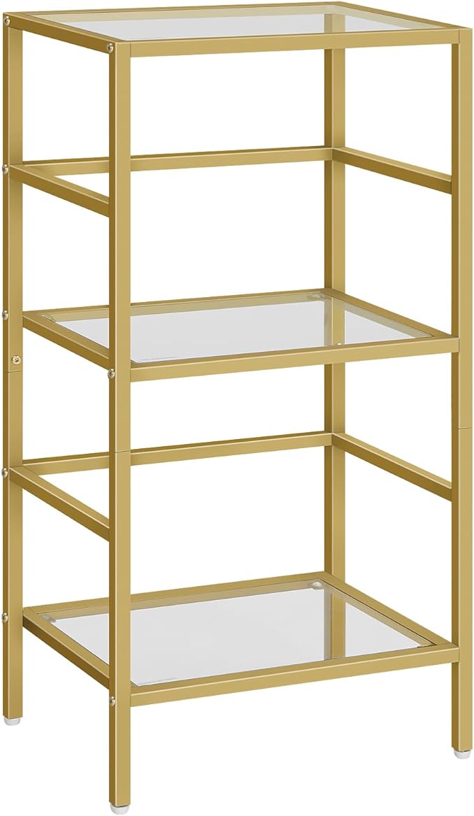 HOOBRO 3-Tier Bookcase, Tempered Glass Bookshelves, Record Storage Rack with Side Fence, Storage Shelves for Bathroom, Slim Shelving Unit for for Living Room, Home Office, Gold GD81CJ01
