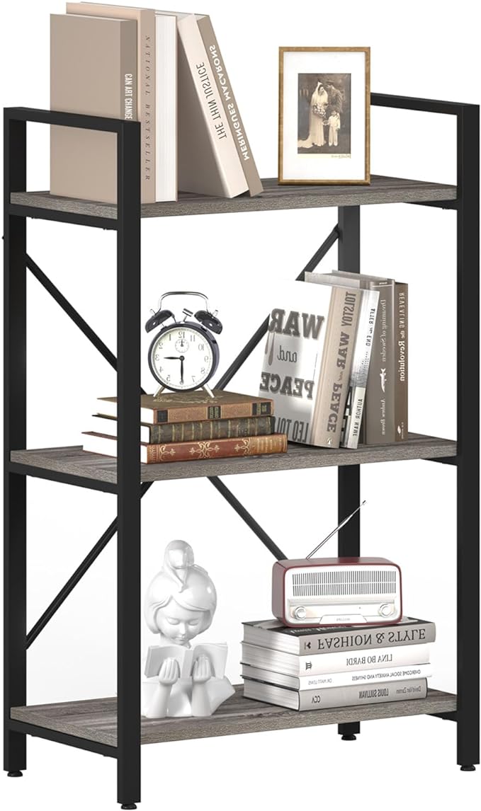 BON AUGURE 3 Tier Bookshelf, Small Rustic Book shelf, Short Industrial Wood Metal Standing Bookcase Etagere for Office, Bedroom and Living Room (Dark Gray Oak)