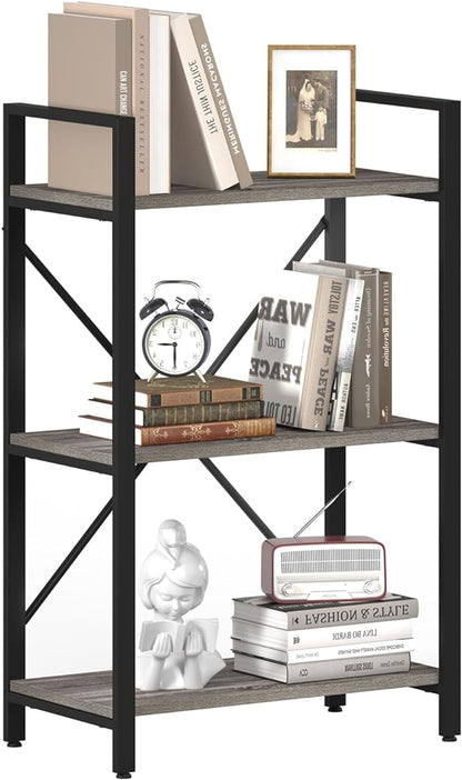 BON AUGURE 3 Tier Bookshelf, Small Rustic Book shelf, Short Industrial Wood Metal Standing Bookcase Etagere for Office, Bedroom and Living Room (Dark Gray Oak)