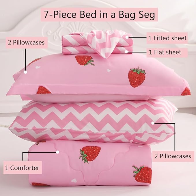 Strawberry Comforter Bedding Set Twin Size for Girls 7 Piece Pink Kawaii Comforter Set Bed in A Bag for Kids Teens All Season (1 Comforter,1 Flat Sheet,1 Fitted Sheet and 4 Pillow Sham)