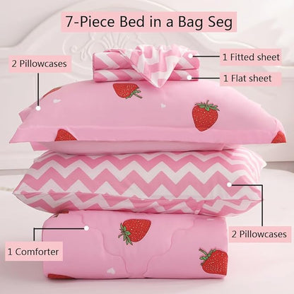 Strawberry Comforter Bedding Set Twin Size for Girls 7 Piece Pink Kawaii Comforter Set Bed in A Bag for Kids Teens All Season (1 Comforter,1 Flat Sheet,1 Fitted Sheet and 4 Pillow Sham)