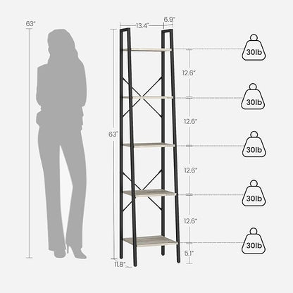 Ladder Shelf, Bookshelf Bookcase, Freestanding Corner Storage Shelve with 2 Hooks for Home Office, Living Room, Kitchen, Bedroom, Industrial, 5-Tier Greige BC03205B
