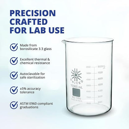 United Scientific™ Borosilicate Glass Beaker, 1000ml, Autoclavable, 1 Each | Chemistry Glassware, Low Form Griffin Design, Molded Pour Spout, ASTM-E960 Compliant, Double Scale Graduated