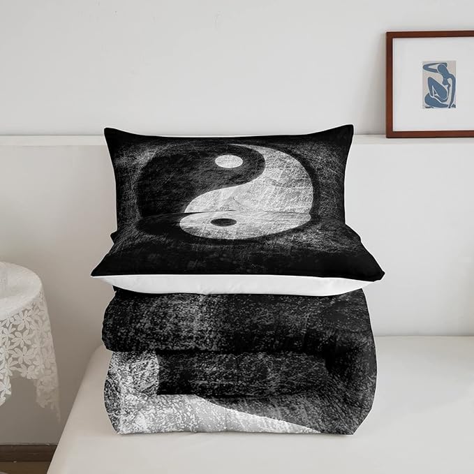 Feelyou Yin Yang Bedding Set for Girls Boys Children Boho Trippy Psychedelic Art Comforter Set Decorative Gossip Pattern Comforter Traditional Ying Yang Theme Duvet Set Twin Size 2Pcs