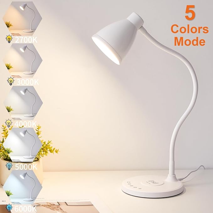 BOHON Desk Lamp for Home Office, LED Desk Light with USB C+A Charging Ports, Wireless Charger, 5 Colors Stepless Dimming Reading Light Timer, Touch Bedside Table Lamp for College Dorm Room White