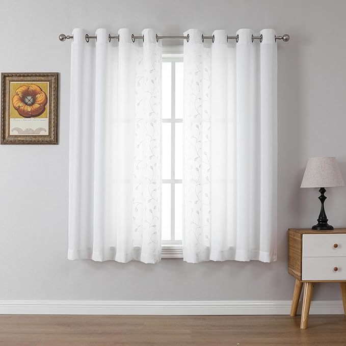 MIUCO Light Filtering Faux Linen Curtains - 63 Inch Length for Bedroom & Living Room, Pure White Floral Embroidered Solid Mix and Match, Semi Sheer Grommet Farmhouse Drapes, 2 Panels Set