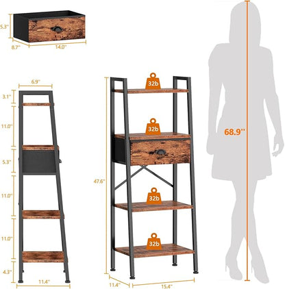 Furologee 4 Tier Ladder Shelf, Narrow Ladder Book Shelf with Drawer, Modern Bookcase Freestanding Shelf Units, Storage Shelves Organizer for Bedroom, Living Room, Bathroom, Home Office, Rustic Brown