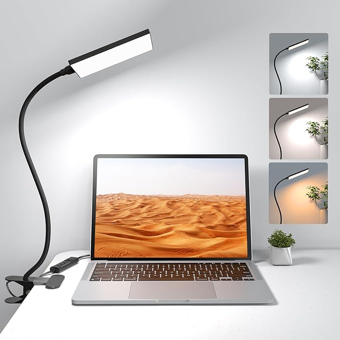 LED Desk Lamp with Clamp for Home Office, Dimmable Clip on Desk Light with USB Port, 3 Color Modes 11 Brightness Flexible Gooseneck Reading Lamp for Studying Working, Black