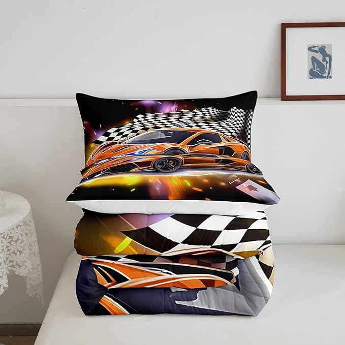 Sports Car Comforter Set Full Size, Orange Racing Car Bedding Set 3pcs for Kids Boys Teens Bedroom Cool Speed Luxury Car Decor, Black White Plaid Grid Print Quilt Set with 2 Pillowcases