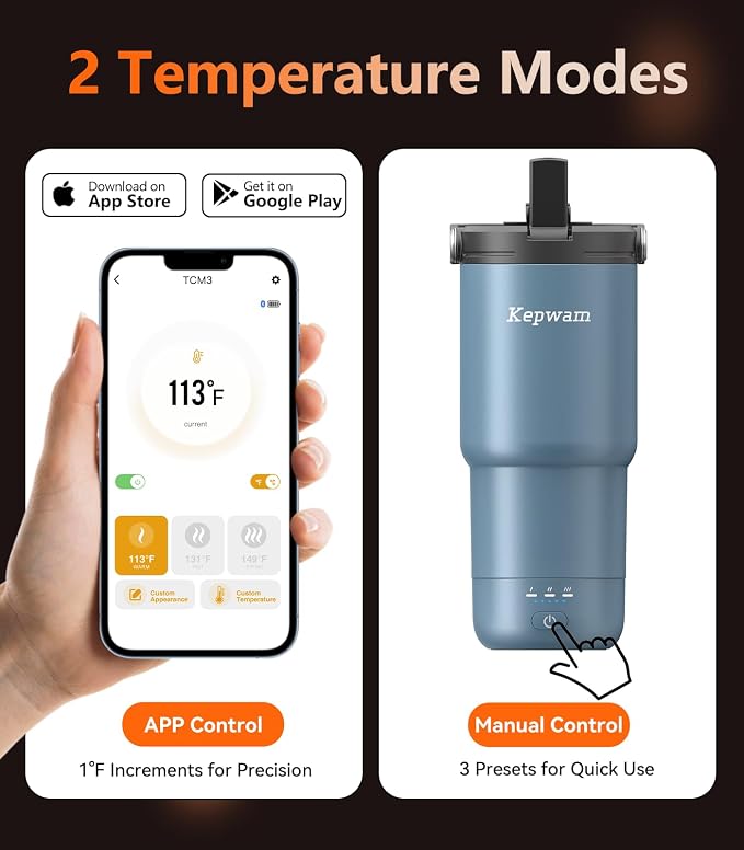 Kepwam Heated Coffee Mug Rechargeable T3, 20oz Self-Heating Travel Mug for Coffee with 1℉ Precise Temperature Control & App, Portable Cup Warmer for Outdoor & Car (Fits Cup Holders)