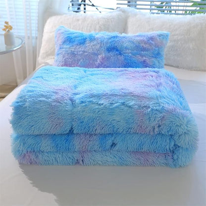 Faux Fur Kids Girls Blue Rainbow Comforter Sets Twin/Full - 3PC Bed Set Warm Comfortable Soft Plush Flannel Velvet Fluffy Fuzzy Bedding（Comforter x 1 Pillowcases x 2）