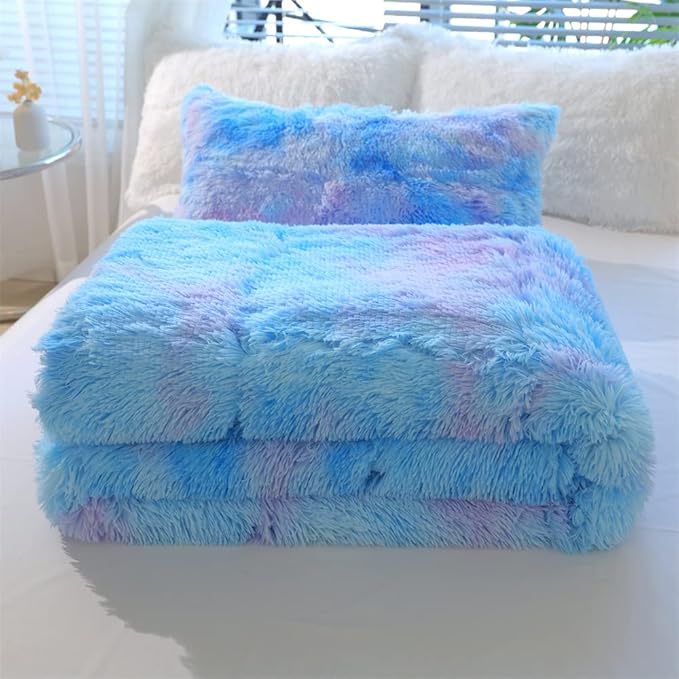 Faux Fur Kids Girls Blue Rainbow Comforter Sets Queen - 3PC Bed Set Warm Comfortable Soft Plush Flannel Velvet Fluffy Fuzzy Bedding（Comforter x 1 Pillowcases x 2）