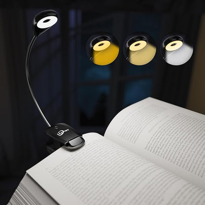 Book Lights for Reading in Bed, 12 LEDs Rechargeable Battery Clip Lamp with 3 Lighting Color, Stepless Dimming, Eye Protection, 80 Hours Runtime, 360° Flexible Gooseneck, Lightweight, Portable